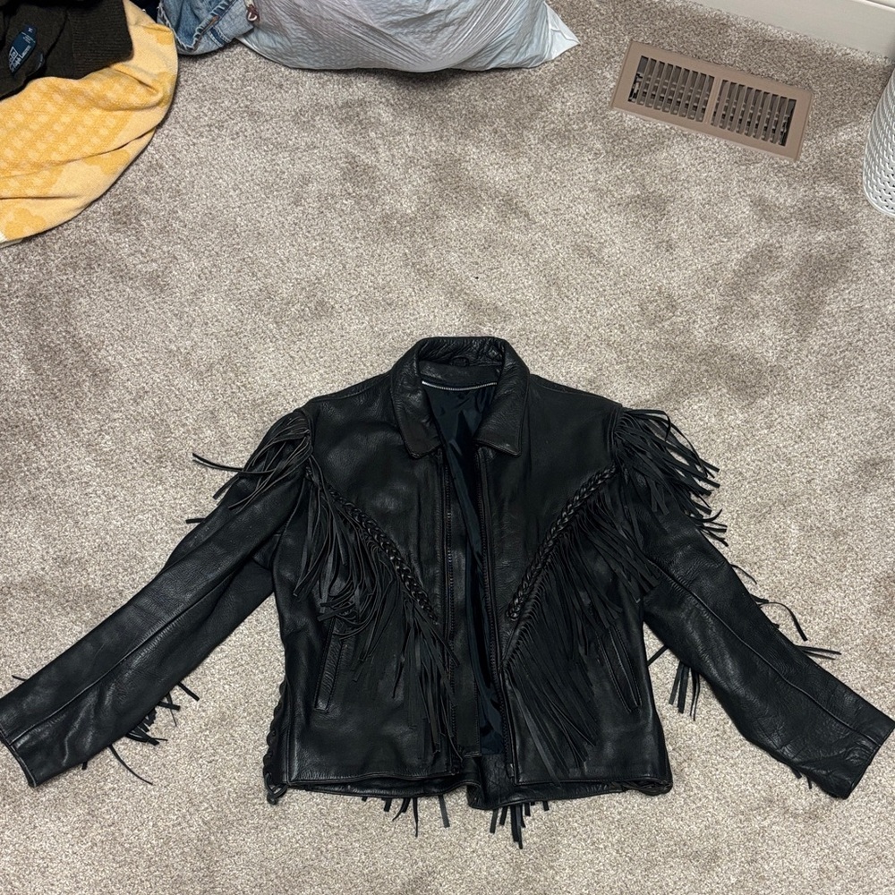 Black Fringe Leather Jacket- vintage